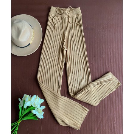 Pantaloni dama din tricot SUBTIRE crem cu snur in talie