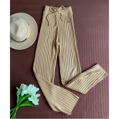 Pantaloni dama din tricot SUBTIRE crem cu snur in talie
