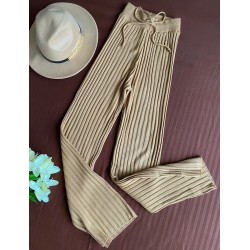 Pantaloni dama din tricot SUBTIRE crem cu snur in talie