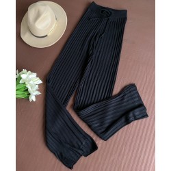 Pantaloni dama din tricot SUBTIRE negri cu snur in talie