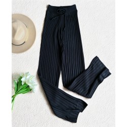 Pantaloni dama din tricot SUBTIRE negri cu snur in talie