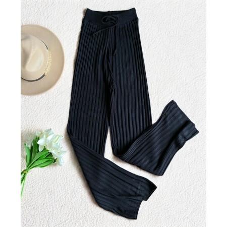 Pantaloni dama din tricot SUBTIRE negri cu snur in talie