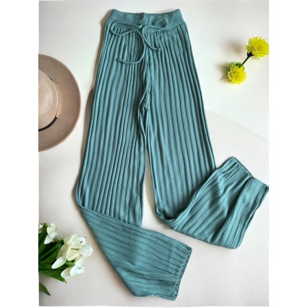Pantaloni dama din tricot SUBTIRE verde ocean cu snur in talie