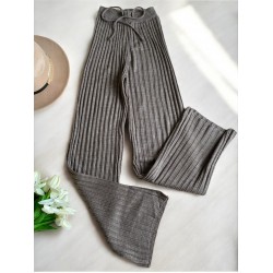 Pantaloni dama din tricot SUBTIRE gri taupe cu snur in talie