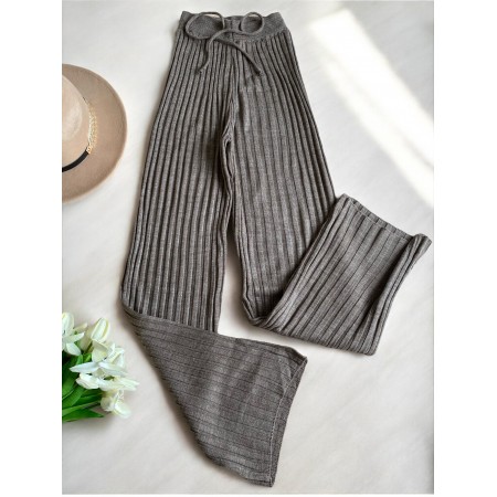 Pantaloni dama din tricot SUBTIRE gri taupe cu snur in talie