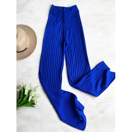 Pantaloni dama din tricot SUBTIRE albastru electric cu snur in talie