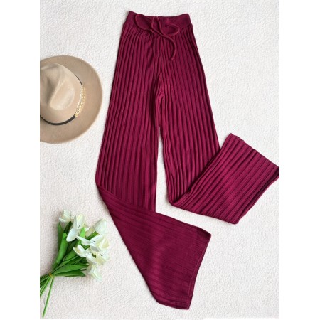 Pantaloni dama din tricot SUBTIRE visinii cu snur in talie