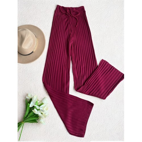 Pantaloni dama din tricot SUBTIRE visinii cu snur in talie