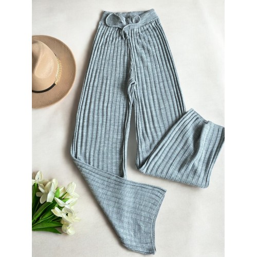 Pantaloni dama din tricot SUBTIRE gri cu snur in talie
