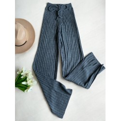 Pantaloni dama din tricot SUBTIRE gri otel cu snur in talie