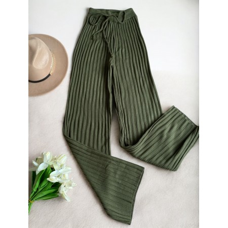 Pantaloni dama din tricot SUBTIRE khaki cu snur in talie