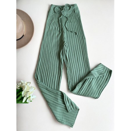 Pantaloni dama din tricot SUBTIRE verde aloe cu snur in talie
