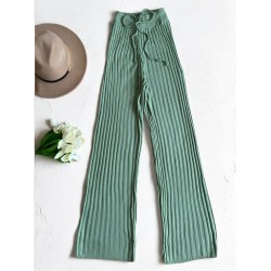 Pantaloni dama din tricot SUBTIRE verde aloe cu snur in talie