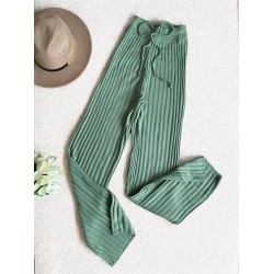 Pantaloni dama din tricot SUBTIRE verde aloe cu snur in talie