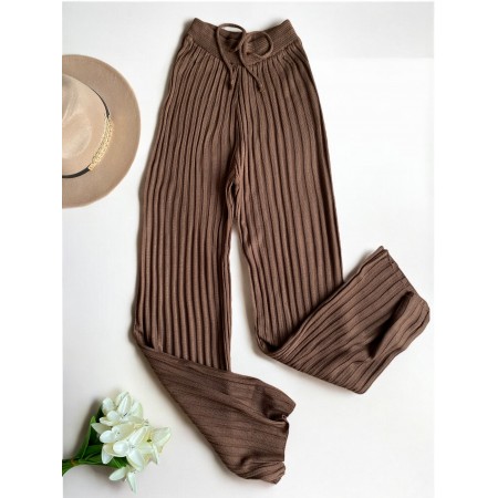 Pantaloni dama din tricot SUBTIRE maro inchis  cu snur in talie
