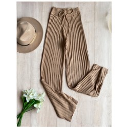Pantaloni dama din tricot SUBTIRE maro cu snur in talie