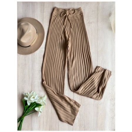 Pantaloni dama din tricot SUBTIRE maro cu snur in talie