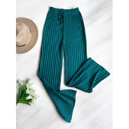 Pantaloni dama din tricot SUBTIRE verde turcoaz cu snur in talie
