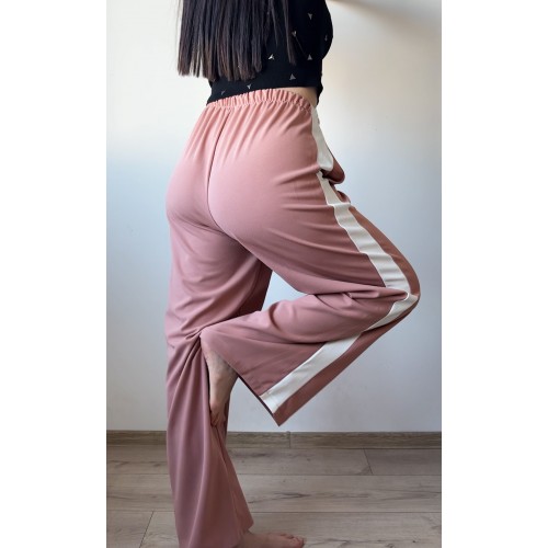 Pantaloni dama sport casual lungi cu dungi - roz pudra