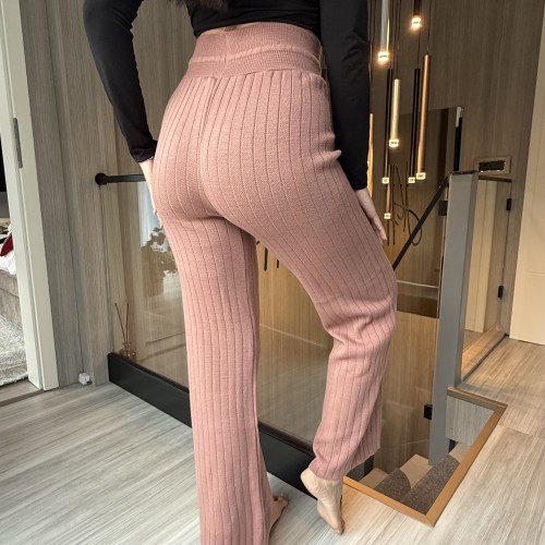 Pantaloni dama din tricot GROS maro cu snur in talie