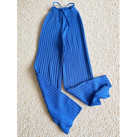 Pantaloni dama din tricot albastru electric  cu snur in talie