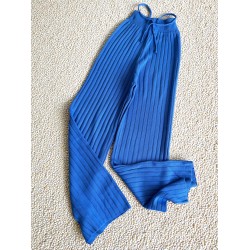 Pantaloni dama din tricot albastru electric  cu snur in talie