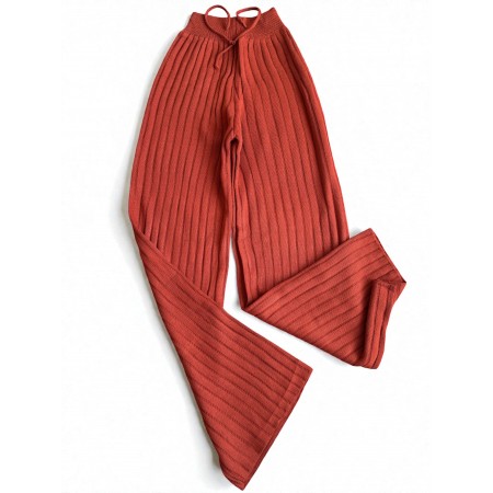 Pantaloni dama din tricot GROS maro caramiziu cu snur in talie