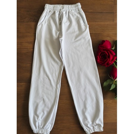 Pantaloni dama din bumbac fin alb cu snur in talie