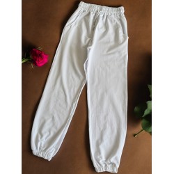 Pantaloni dama din bumbac fin alb cu snur in talie