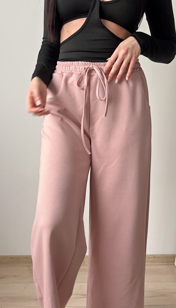 Pantaloni dama casual roz pudra foarte versatili cu snur in talie