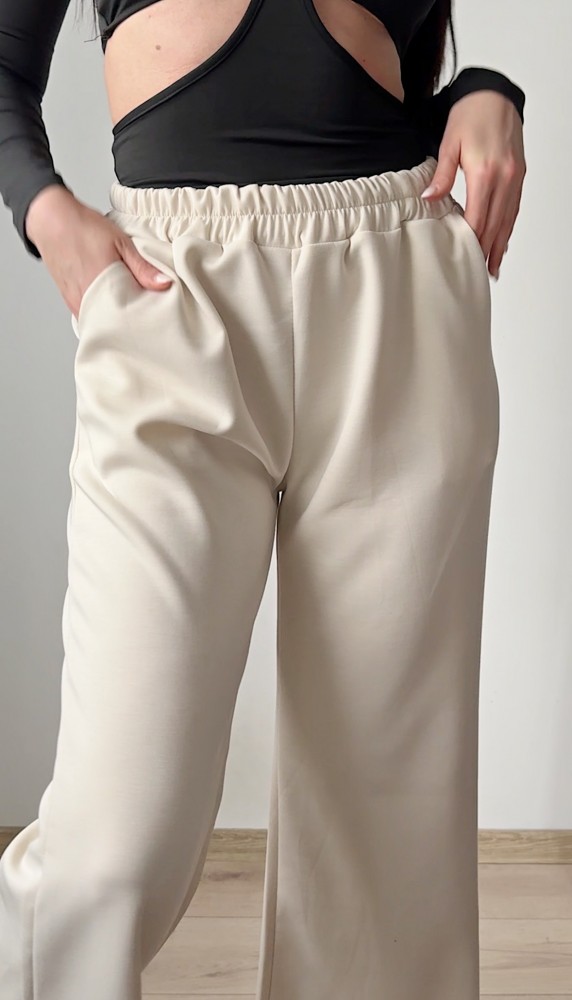 Pantaloni dama casual albi-ivoire foarte versatili cu snur in talie