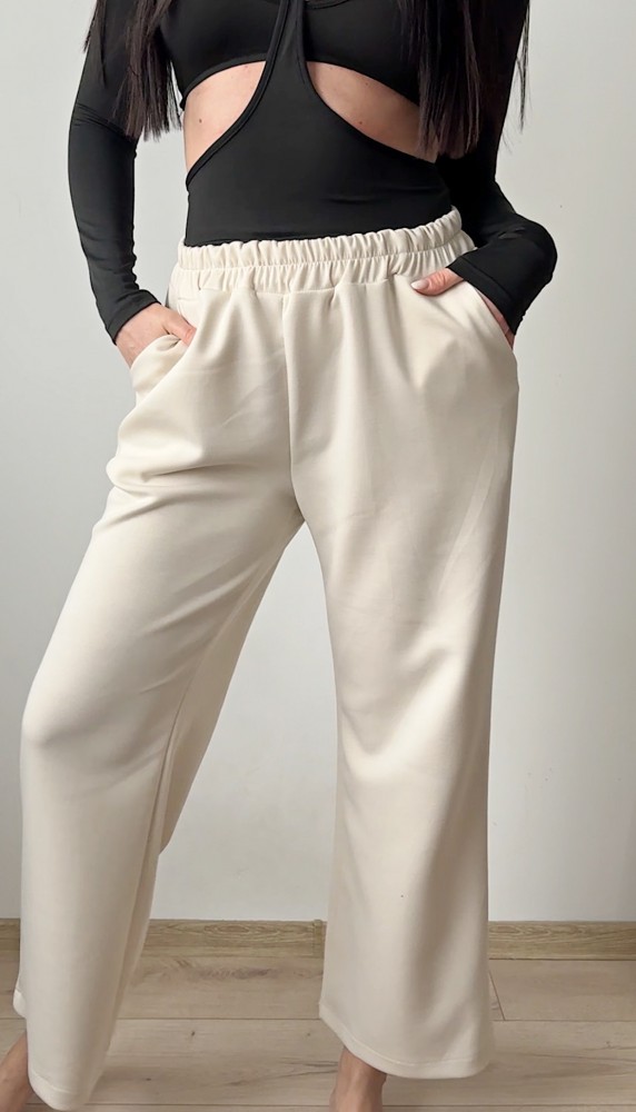 Pantaloni dama casual albi-ivoire foarte versatili cu snur in talie