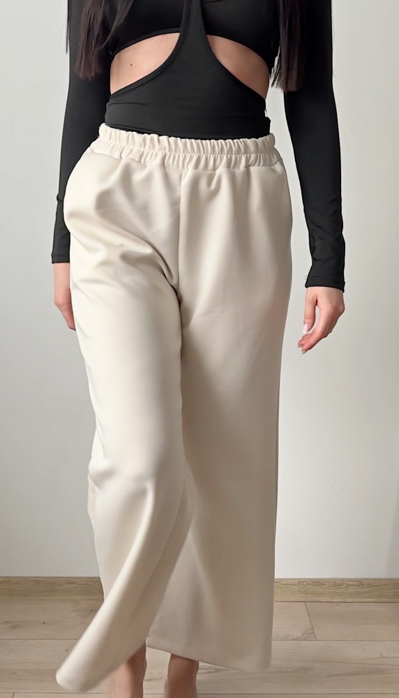 Pantaloni dama casual albi-ivoire foarte versatili cu snur in talie
