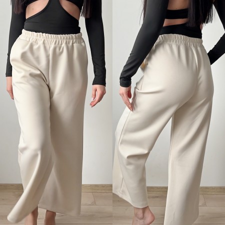 Pantaloni dama casual albi-ivoire foarte versatili cu snur in talie