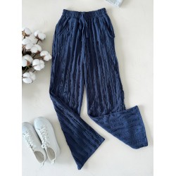 Pantaloni dama din bumbac bleumarin cu aspect creponat foarte versatili