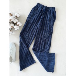 Pantaloni dama din bumbac bleumarin cu aspect creponat foarte versatili