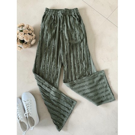 Pantaloni dama din bumbac khaki cu aspect creponat foarte versatili