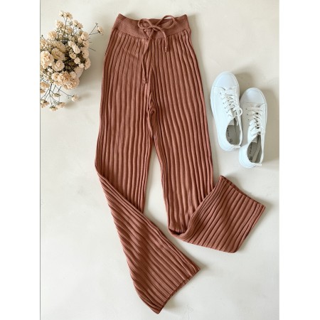 Pantaloni dama din tricot SUBTIRE maro caramiziu cu snur in talie