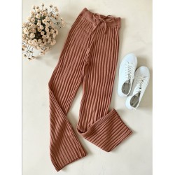 Pantaloni dama din tricot SUBTIRE maro caramiziu cu snur in talie
