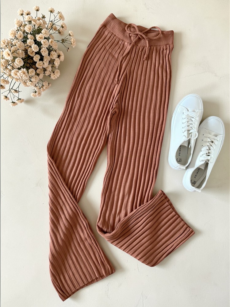 Pantaloni dama din tricot SUBTIRE maro caramiziu cu snur in talie