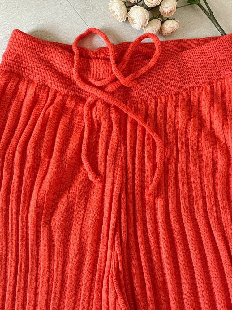 Pantaloni dama din tricot SUBTIRE portocalii cu snur in talie