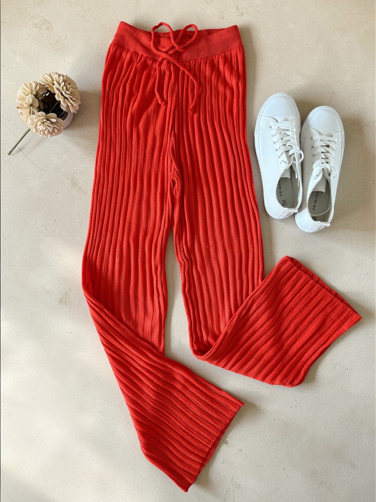 Pantaloni dama din tricot SUBTIRE portocalii cu snur in talie Pantaloni dama din tricot SUBTIRE portocalii cu snur in talie