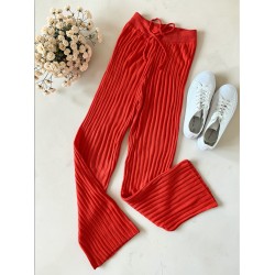 Pantaloni dama din tricot SUBTIRE portocalii cu snur in talie