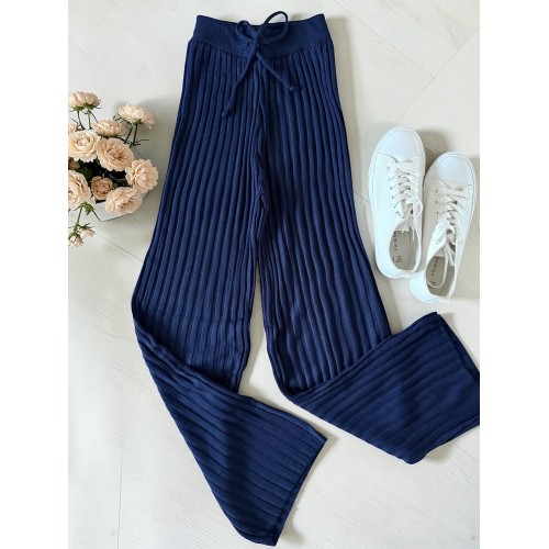 Pantaloni dama din tricot SUBTIRE bleumarin cu snur in talie