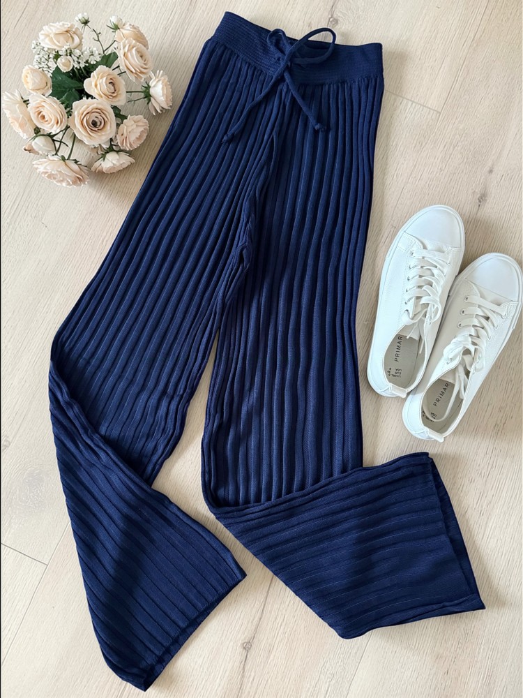 Pantaloni dama din tricot SUBTIRE bleumarin cu snur in talie