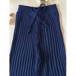 Pantaloni dama din tricot SUBTIRE bleumarin cu snur in talie