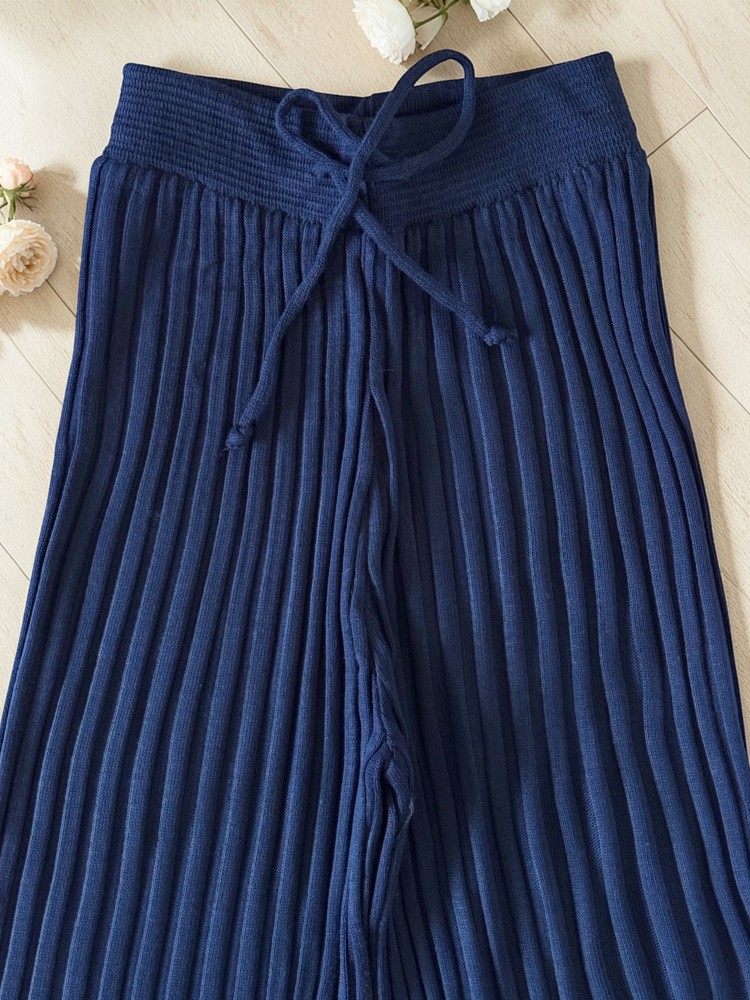 Pantaloni dama din tricot SUBTIRE bleumarin cu snur in talie