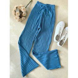 Pantaloni dama din tricot SUBTIRE albastri ciel cu snur in talie