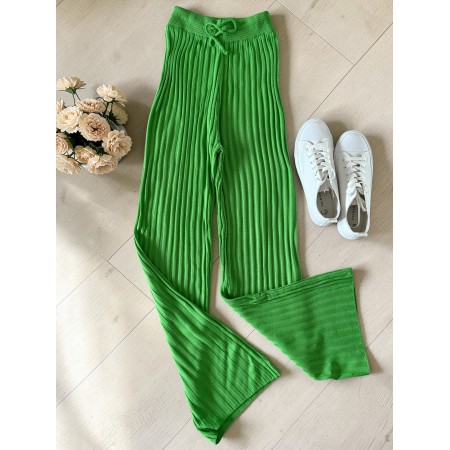 Pantaloni dama din tricot SUBTIRE verde neon cu snur in talie