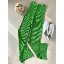 Pantaloni dama din tricot SUBTIRE verde neon cu snur in talie